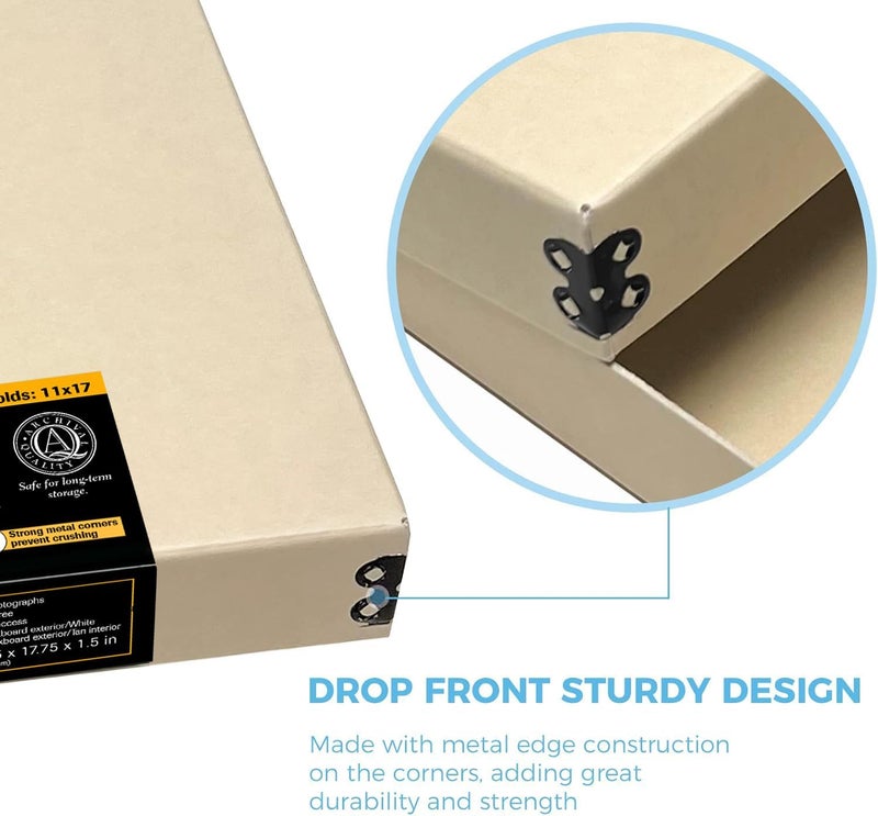 Lineco Museum Archival Storage Box, 11.75x17.75x1.5 in. Drop Front Design. Acid-Free with Metal Edge. Organize Photos, Pictures, Prints, Documents, Crafts, DIY. Tan, 1 Pack - Image 3